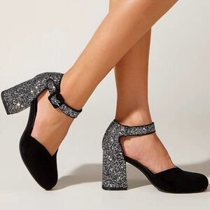 Women’s glitter block heel ankle strap round toe elegant pumps Size 38/7.5US